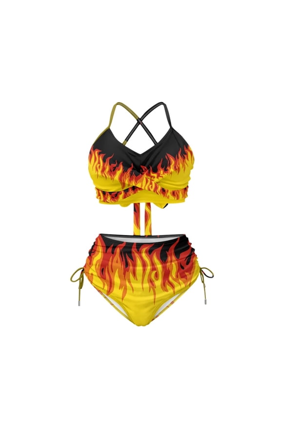 Women's Fiery Flame Print High Waisted Bikini Set Halter Cross Back 2 Piece Swimsuit with Drawstring Sides for Summer Beach Pool Vacation