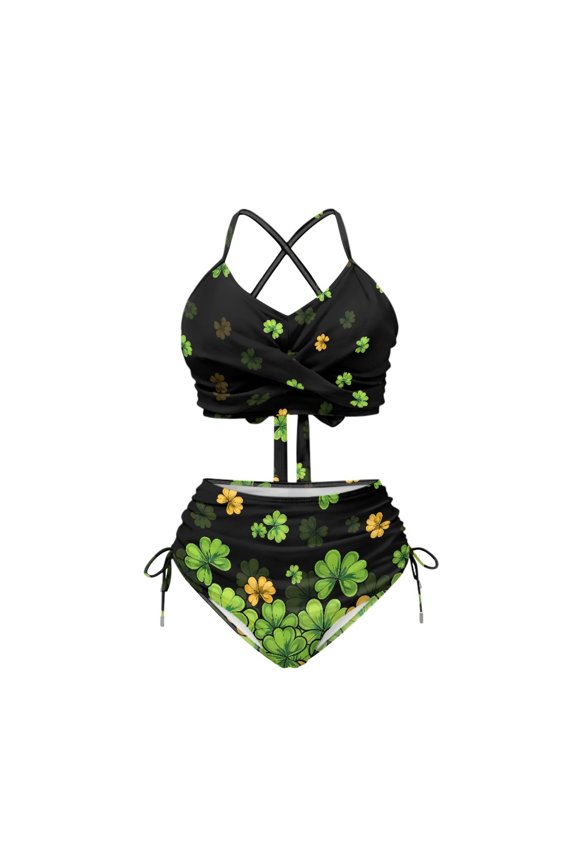 Women's High Waisted Clover Print Bikini Set Halter Cross Back & Side Drawstring Perfect for Summer Beach & Pool Vacation