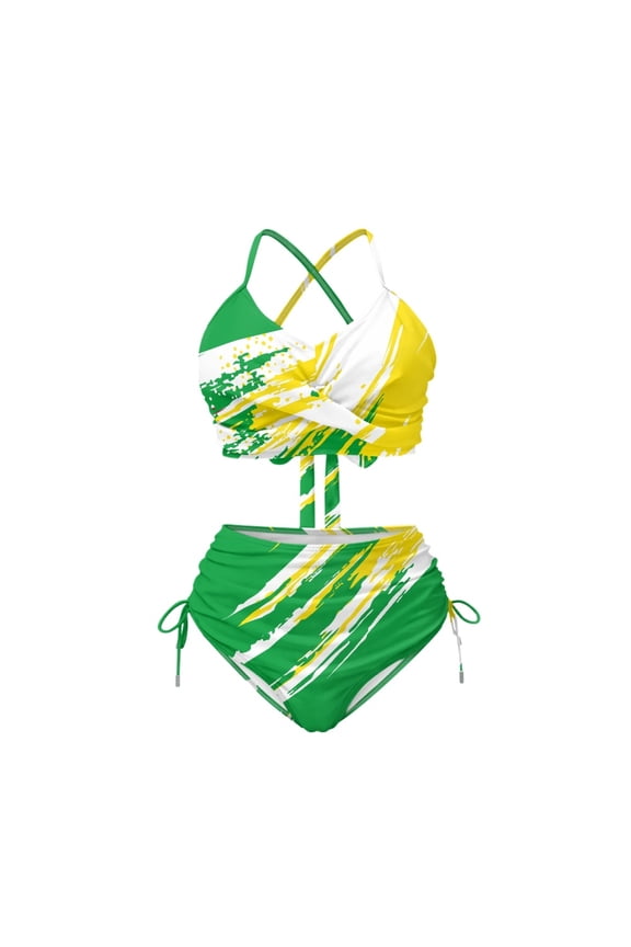 Women's High Waisted Halter Bikini Set Brush Stroke Abstract Print with Drawstring Sides - Trendy Beach Swimwear for Summer Vacation