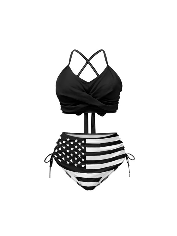 Women's High Waisted Halter Bikini Set Monochrome American Flag Print with Drawstring Sides - Trendy Beach & Pool Swimwear