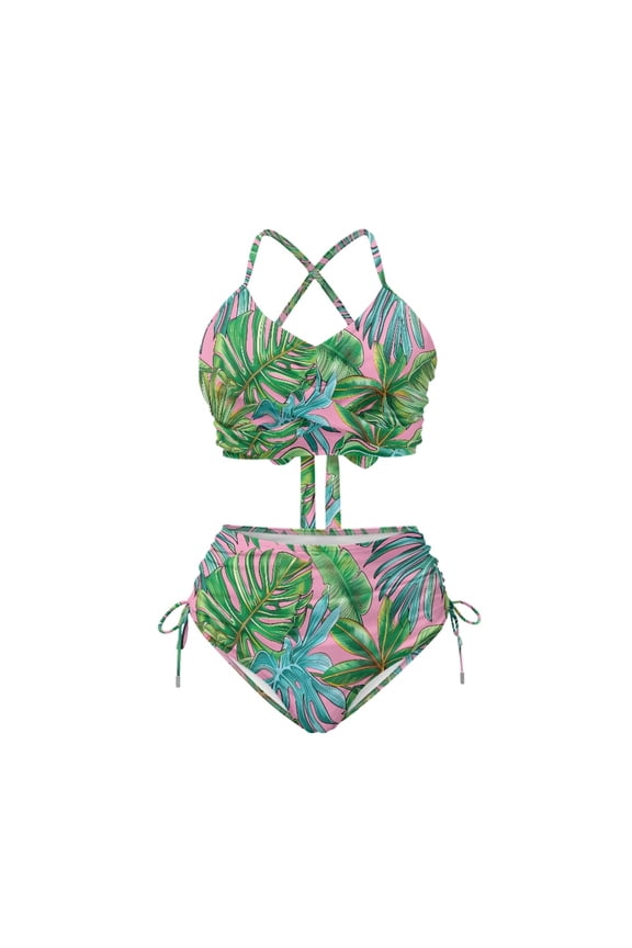 Women's High Waisted Tropical Palm Leaf Bikini Set Halter Cross Back, Side Drawstring Quick Dry Swimwear for Summer Beach