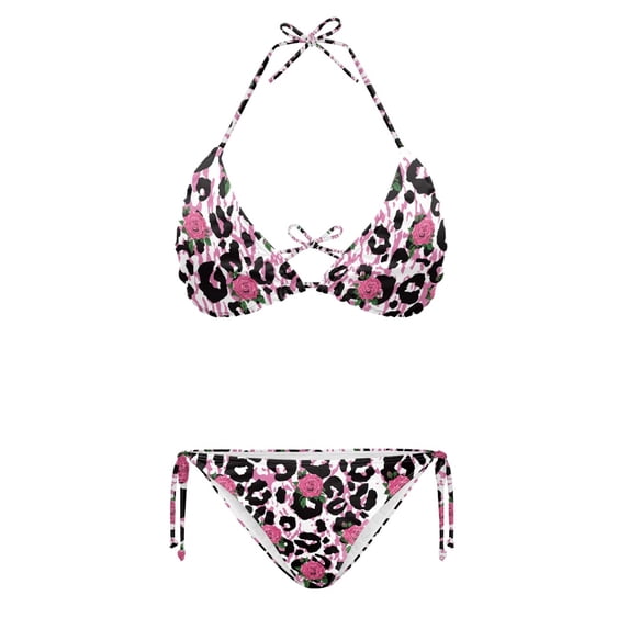 HELLHERO Women's Leopard Pink Rose Floral Print Two Piece Bikini Set Sexy Backless Swimwear for Beach Pool Vacation Quick Dry Adjustable Halter