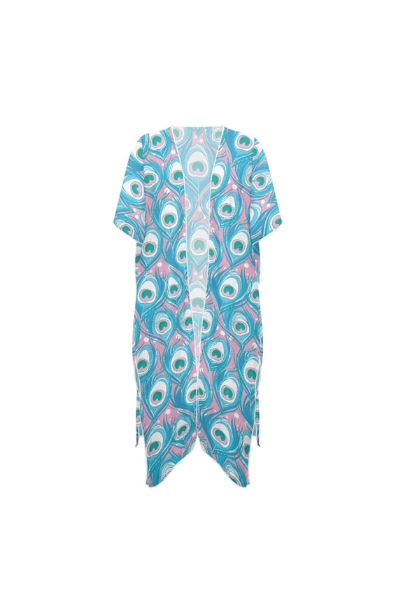 Women's Peacock Feather Print Beach Kimono - Lightweight Breathable Swimsuit Cover Up for Summer Vacation, Pool & Beach Parties