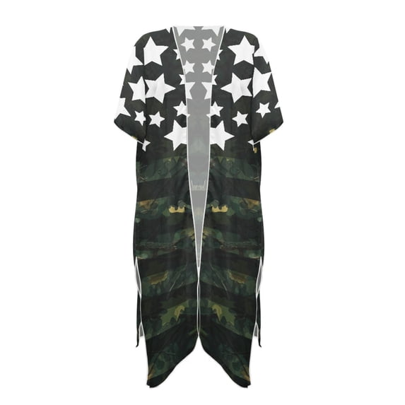 HELLHERO Women's Star & Camo Print Kimono Cover Up - Lightweight Breathable Long Beach Cardigan for Summer Vacation Pool & Resort