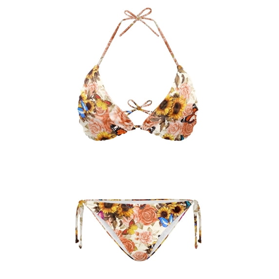 HELLHERO Women's Sunflower Rose Butterfly Print Two Piece Bikini Set Lightweight Halter Triangle Bathing Suit Ladies Swimwear for Beach