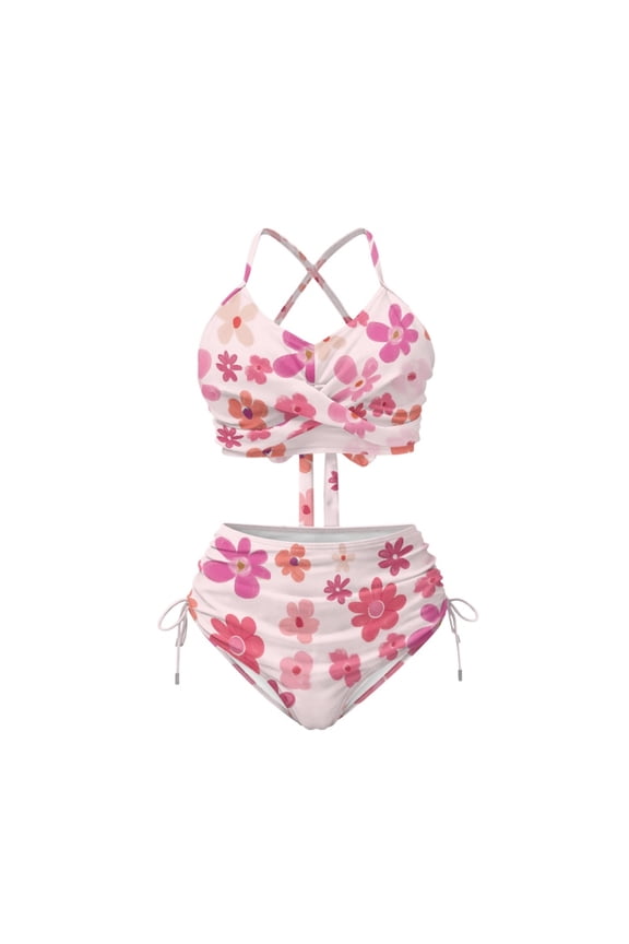 Women's Watercolor Floral High Waisted Bikini Set Halter Cross Back 2 Piece Swimsuit with Drawstring Sides Perfect for Beach & Vacation