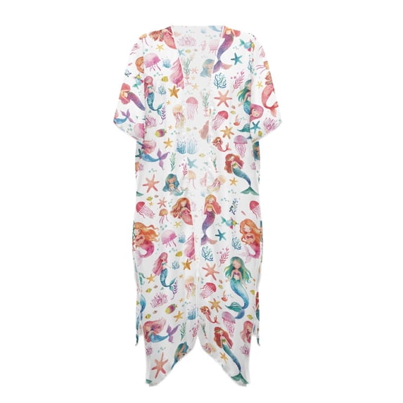 HELLHERO Women's Watercolor Mermaid Kimono Cover-Up - Lightweight Breathable Beachwear for Summer Vacation, Pool & Resort - Loose Flowy Bikini Cover Up