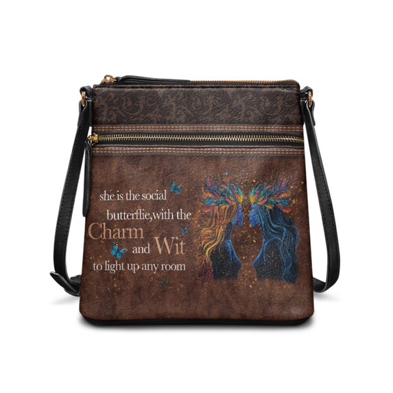 HELLHERO Womens Printed Crossbody Bag with Butterfly Women Art, PU Leather Waterproof Sling Purse with Adjustable Strap for Daily Travel Work