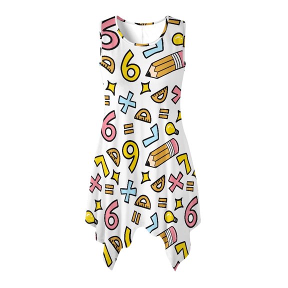 HELLHERO Womens Sleeveless Dresses with Math Pencil Pattern, Casual Round Neck Dress with Pockets for Daily Wear and Graduation Events