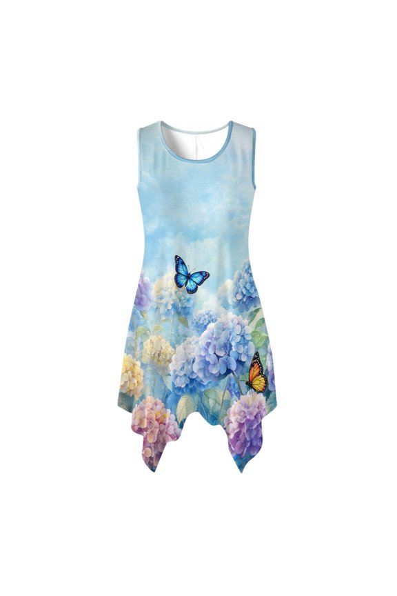 Womens Sleeveless Sundress, Watercolor Hydrangea Butterfly Round Neck Asymmetric Hem Midi Dress, Deep Side Pockets Summer Sleeveless Dress for Party