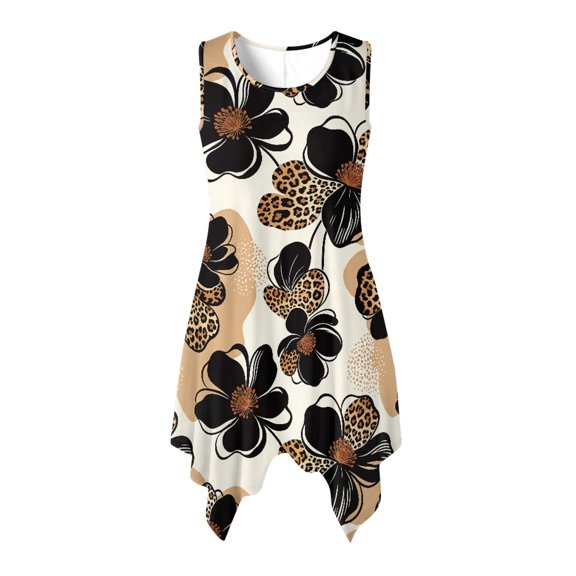HELLHERO Womens Sleeveless Sundresses, Leopard Floral Side Pockets Summer Sleeveless Dress, Tank Irregular Hem Ladies Irregular Hem Casual Dress for Vacation Daily