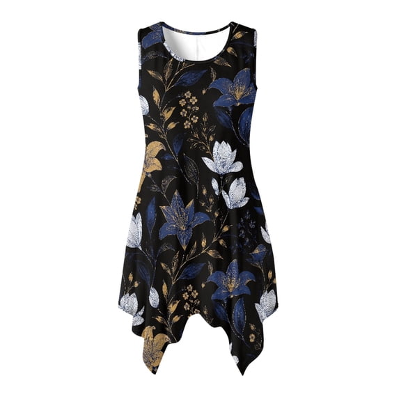 HELLHERO Womens Summer Sleeveless Dress, with Side Pockets, Ladies Midi Dress, Round Neck Irregular Hem Dress for Holiday Beach Trips