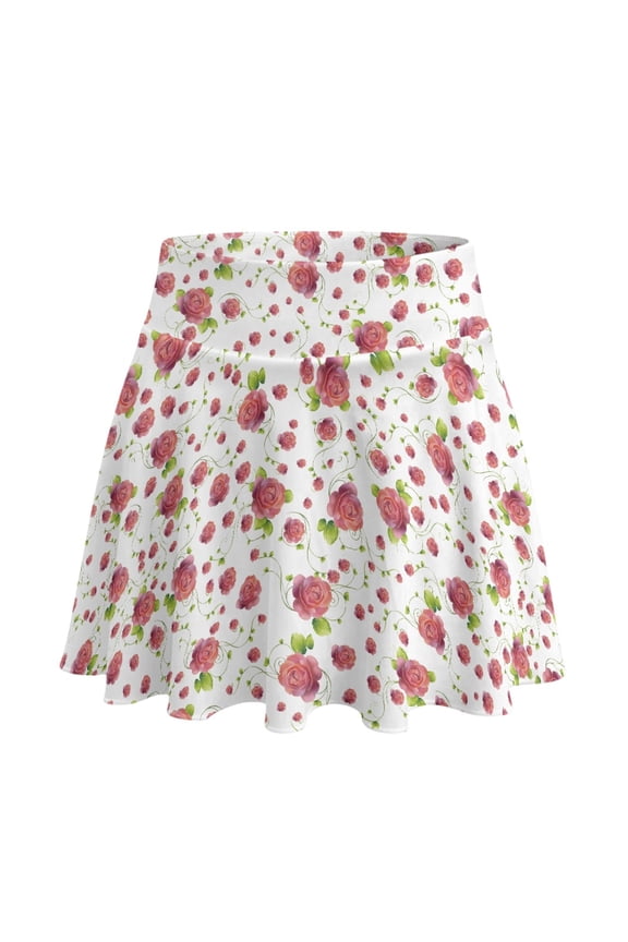 Workout Tennis Skorts Dress for Daily Wear Yoga, Rose Pattern Polyester Spandex Fabric Built-in Shorts Athletic Skort 2 Side Pockets