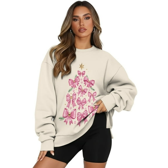 HELLHERO Xmas Bowkont Tree Print Women Sweatshirt Oversized, Long Sleeve Crewneck Pullover Tops 2025 Fashion Size L