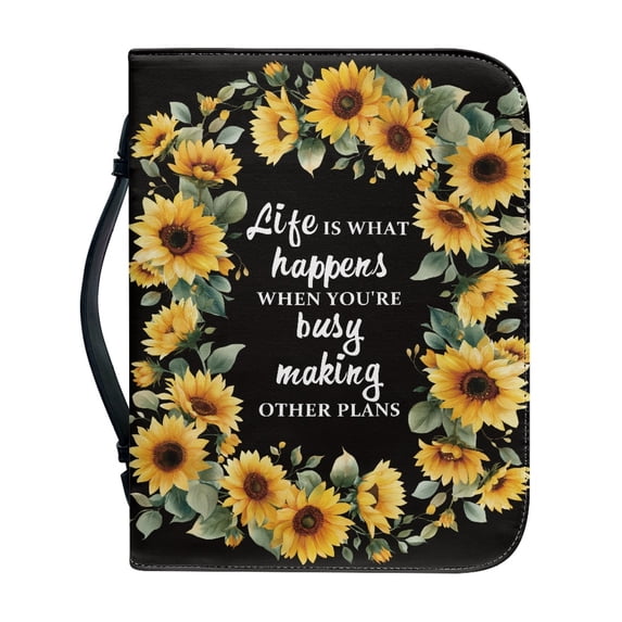 HELLHERO Yellow Sunflower Print Bible Protector with Book Holder Multi Functional Bible Cover for Church, PU Leather Church Bible Bag for Bible Study