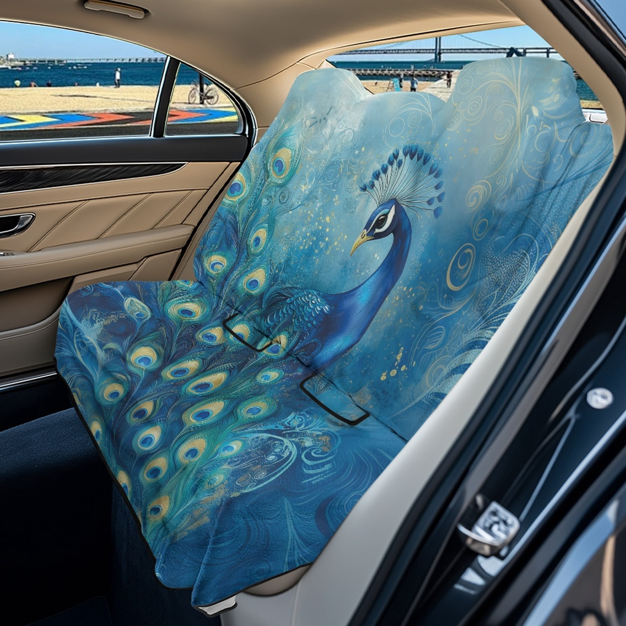 Drydeepin Blue Peacock Car Seat Cover Towel Backseat Breathable Rear Bench Towel Seat Covers Non-Slip Universal Fit for Sedan Trucks Van SUV, Automotive Seat Protector