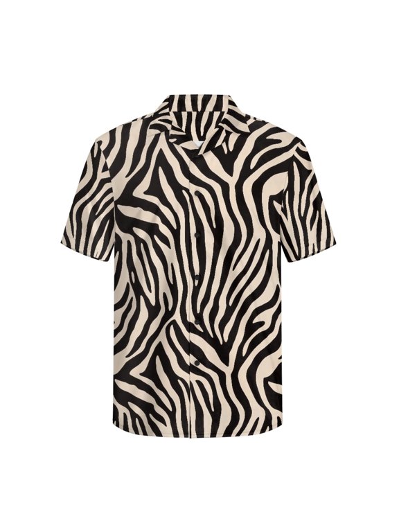 Zebra Print Cover Soft Touch Men's Short Sleeve Button Up Shirt, Button Closure Breathable Men's Casual Short Sleeve Shirt for Hiking Cruise Vacation