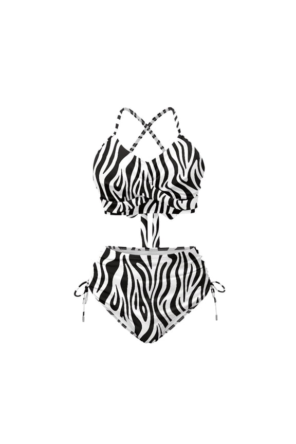 Zebra Stripe Halter High Waisted Bikini Set - 2 Piece Drawstring Bathing Suit with Removable Pads for Beach & Vacation