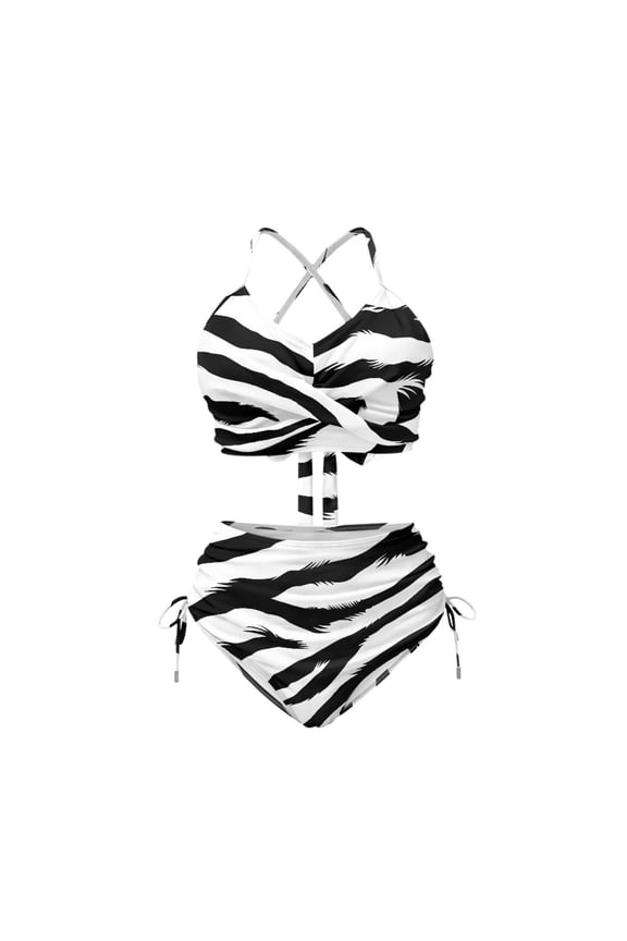 Zebra Stripe Print High Waisted Bikini Set Halter Neck Drawstring 2 Piece Swimwear with Removable Pads for Beach & Vacation