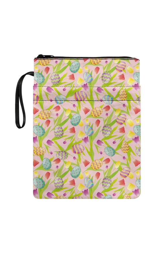 Zipper Bag with Pocket Polyester Bible Case Bag with Decorative Design for Bible or Book Book Organzoer Holder Washable Book Storage Bag, Easter Eggs Tulips