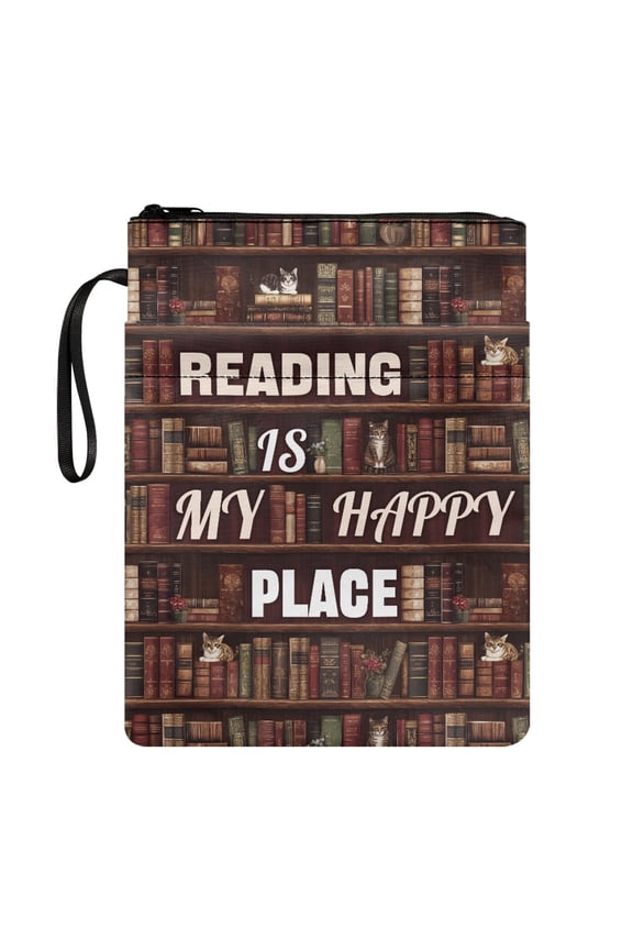 Zipper Bag Reusable Polyester Zipper Easy Carry Book Case with Pocket Book Organzier Holder, Cats on Bookshelf