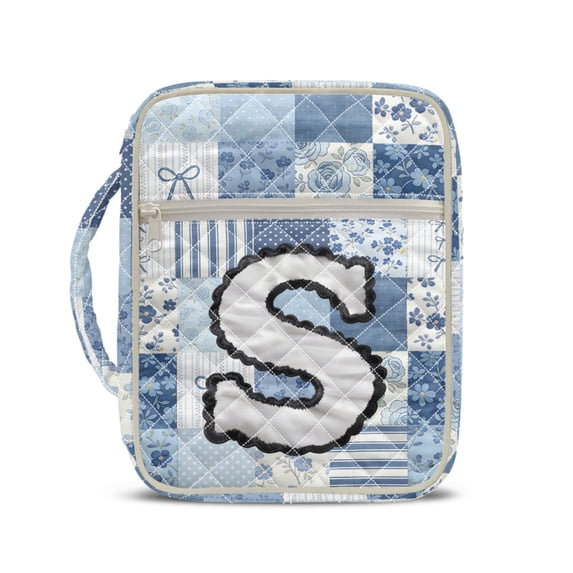 HELLHERO Zipper Pocket Bible Cover Case for Women, Handle Portable Quilted Bible Carrier Tote Bag Polyester Church Bag Blue Patchwork Letter S