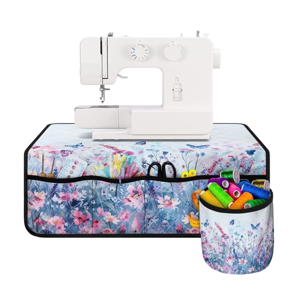 HELLHERO with 4 Pockets Sewing Machine Mat Butterfly Lavender Pattern Storage Pockets Fabric Polyester Sewing Machine Dustproof for Woman Gifts