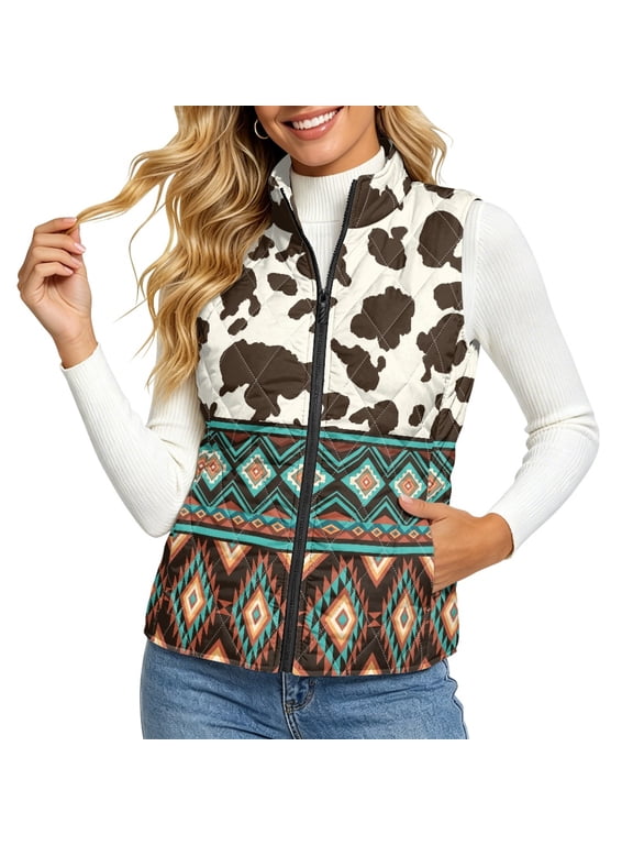 with Pockets Outerwear Vest Coats for Fall Work, Cow Print Polyester Fabric Lightweight Women's quilted jacket vest