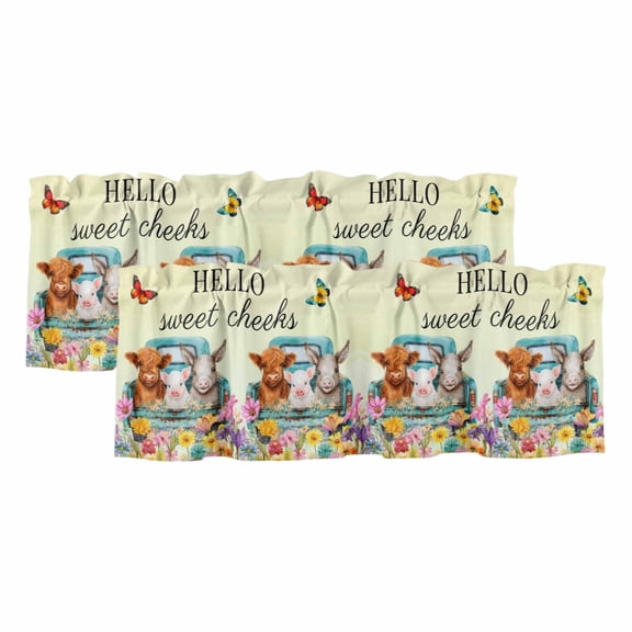 HELLO 2 Panels Kitchen Valance, Sweet Farm Cow Pig Donkey Cheeks Spring Florals Butterfly Curtains Valances for Small Windows Rod Pocket Window Treatments for Living Room Bedroom 42"W x 12"L
