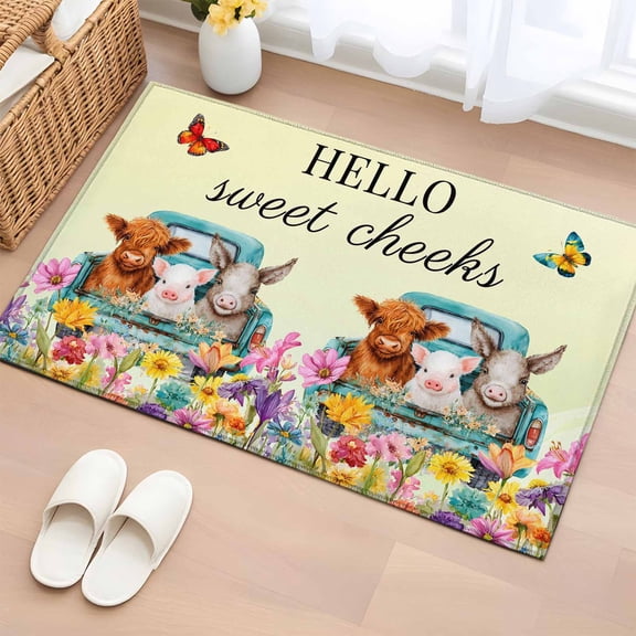 HELLO 2'x3' Rug for Entryway Front Door Kitchen Sink Area, Sweet Farm Cow Pig Donkey Cheeks Spring Florals Butterfly Low Pile Washable Non Slip Rectangle Area Rug
