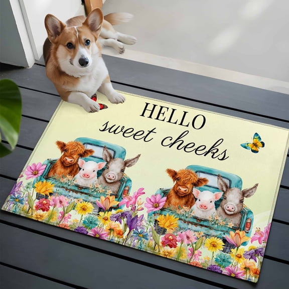 HELLO 2x3 Area Rugs for Living Room, Sweet Farm Cow Pig Donkey Cheeks Spring Florals Butterfly Non Slip Floor Mat Washable Low-Profile Indoor Carpet for Bedroom, Dining Room, Bathroom