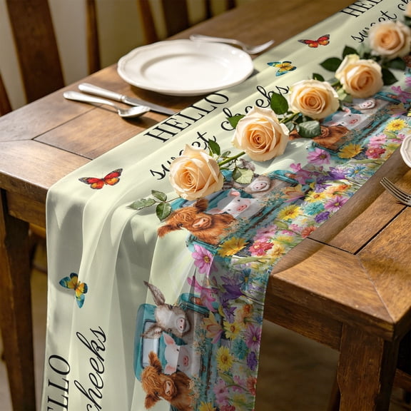 HELLO 4.5 ft Cheesecloth Table Runner for Wedding 19"x55", Sweet Farm Cow Pig Donkey Cheeks Spring Florals Butterfly Kitchen Dinner Sheer Tulle Chiffon Dresser Scarf, Holiday Party Decorations