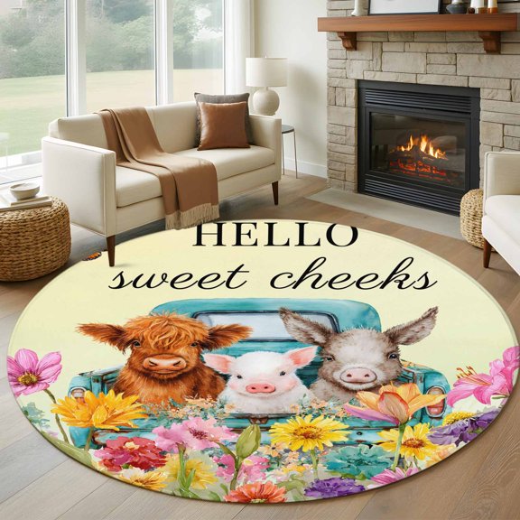 HELLO 8' Round Rug for Open Concept Living Room Seating Zone, Sweet Farm Cow Pig Donkey Cheeks Spring Florals Butterfly Washable Non Slip Large Circle Area Rug