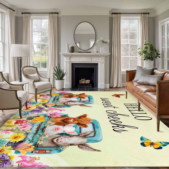 HELLO 8'x10' Large Area Rug for Living Room Sectional Sofa, Sweet Farm Cow Pig Donkey Cheeks Spring Florals Butterfly Washable Non Slip Low Pile Rectangle Area Rug