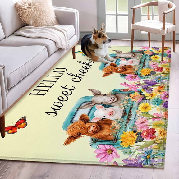 HELLO Area Rugs 4x6 ft Sweet Farm Cow Pig Donkey Cheeks Spring Flowers Butterfly Washable Rug Non Slip Indoor Carpet Absorbent Floor Mat for Living Room Bedroom Dining Room