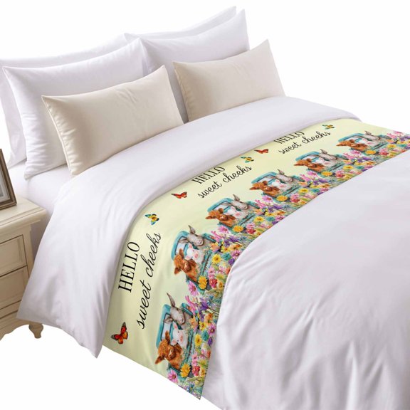 HELLO Bed Runner for Queen Size Bed, Sweet Farm Cow Pig Donkey Cheeks Spring Flowers Butterfly Soft Bedding Scarf Bedding Protector Slipcover Sofa Throw for Bedroom Hotel Guesthouse