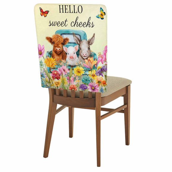 HELLO Chair Back Covers Set of 8 Sweet Farm Cow Pig Donkey Cheeks Spring Florals Butterfly Removable Dining Chair Slipcovers Washable Seat Protector for Restaurant Party Banquet Kichen Decor
