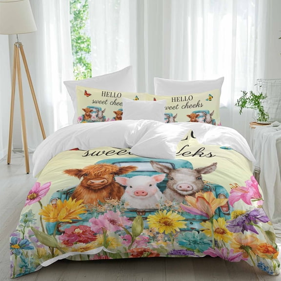 HELLO Comforter Set Queen Size, Sweet Farm Cow Pig Donkey Cheeks Spring Florals Butterfly Soft Bedding Set for Man Woman, 4 Pieces Duvet Cover Set with Fitted Sheet, 2 Pillowcases
