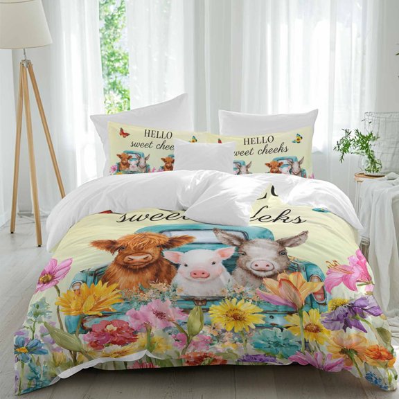 HELLO Comforter Set Queen Size, Sweet Farm Cow Pig Donkey Cheeks Spring Florals Butterfly Soft Bedding Set for Man Woman, 4 Pieces Duvet Cover Set with Fitted Sheet, 2 Pillowcases