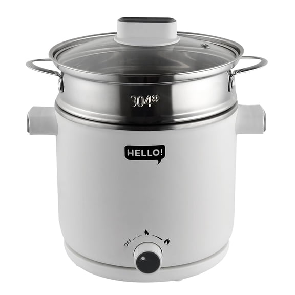 HELLO Electric Multi Cooking Pot 1.5L with Steamer, Portable Cooker for Ramen, Shabu-Shabu, Noodles, Soup, Frying | Stainless Steel, White Y101