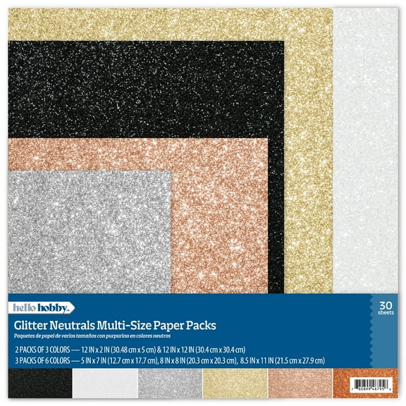 Hello Hobby Glitter Neutrals Multi-Size Craft Paper Pack for Scrapbooking and Crafting