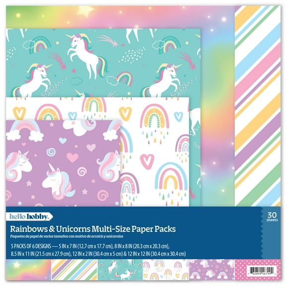 Hello Hobby Rainbow and Unicorns Multi-Size Paper Pack for Scrapbooking and Crafting