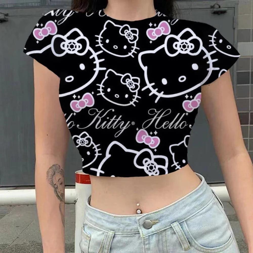 HELLO KITTY 9 Colors Print Crop Top Women T-shirt Cropped Slim High ...