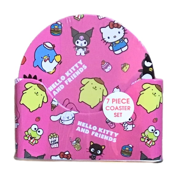 HELLO KITTY AND FRIENDS 6 TIN PINK COASTERS WITH MATCHING STAND 4 INCH MULTI FIGUE PRINT