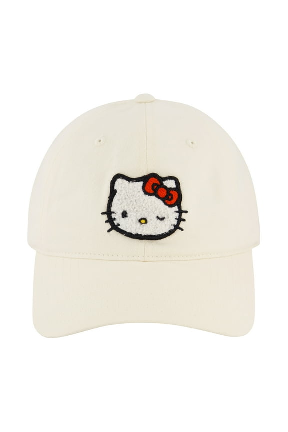 Womens Hello Kitty Chenille Patch, Cotton "Dad" Cap, Off-White, One Size Fits Most