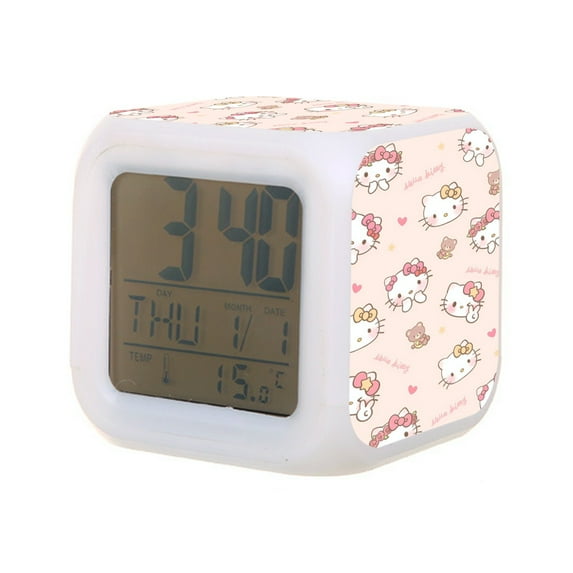 HELLO KITTY Digital Alarm Thermometer Night Glow Cube 7 Color Clock LED Changing LCD Display Suitable for Bedroom Children