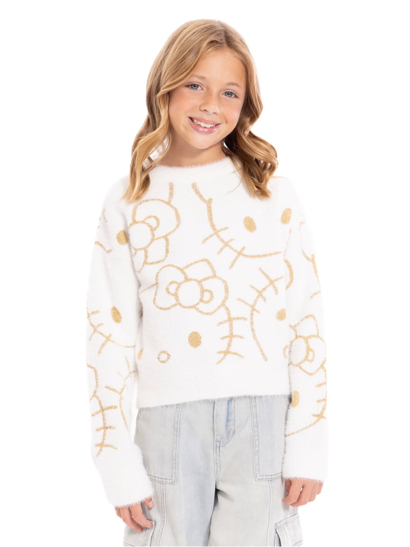 Hello Kitty Girls Graphic Eyelash Glitter Sweater, Sizes 4-16