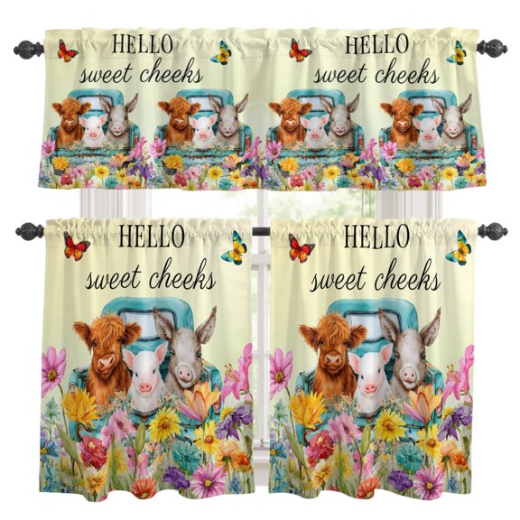 HELLO Kitchen Curtains Valances 3 Piece Set, Sweet Farm Cow Pig Donkey Cheeks Spring Florals Butterfly Rod Pocket Tier Curtain and Valance Drapes for Small Window 36 Inch Length for Bedroom Cafe