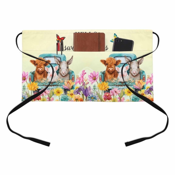 HELLO Kitchen Restaurant Half Waist Apron, Sweet Farm Cow Pig Donkey Cheeks Spring Florals Butterfly Server Short Apron with 3 Pockets Waterproof Oil Waist Aprons for Women Waitress Waiter