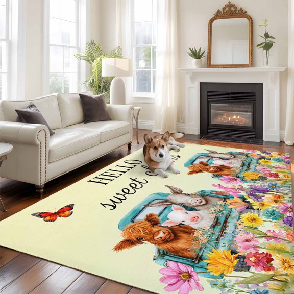 HELLO Large Area Rugs 5x8 ft Sweet Farm Cow Pig Donkey Cheeks Spring Flowers Butterfly Washable Rug Non Slip Indoor Carpet Absorbent Floor Mat for Living Room Bedroom Dining Room